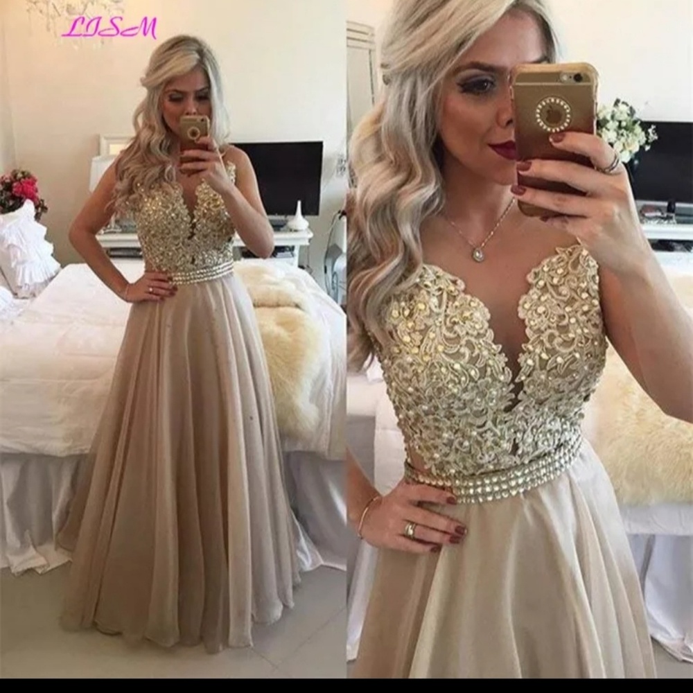 Chiffon Beaded Lace Applique Long Prom Dress